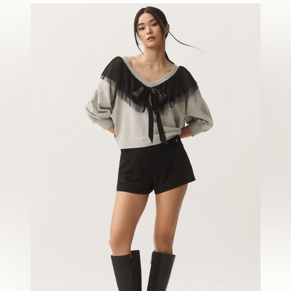 Anthropologie Tops - Anthropology Maeve Gray V neck Top with Black Lace Trim